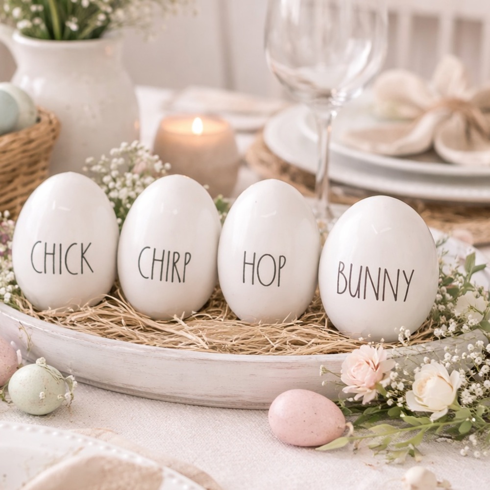 Rae Dunn Ceramic Easter Eggs Decor Chick Chirp Hop Bunny Farmhouse Tiered Tray